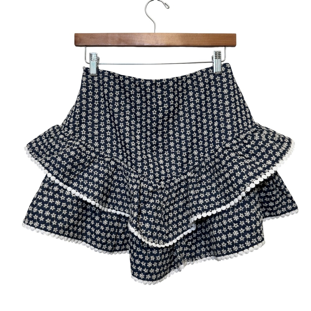En Saison Skirt‎ M Blue Floral Tiered Embroidered Stretch Ruffle Cottagecore
